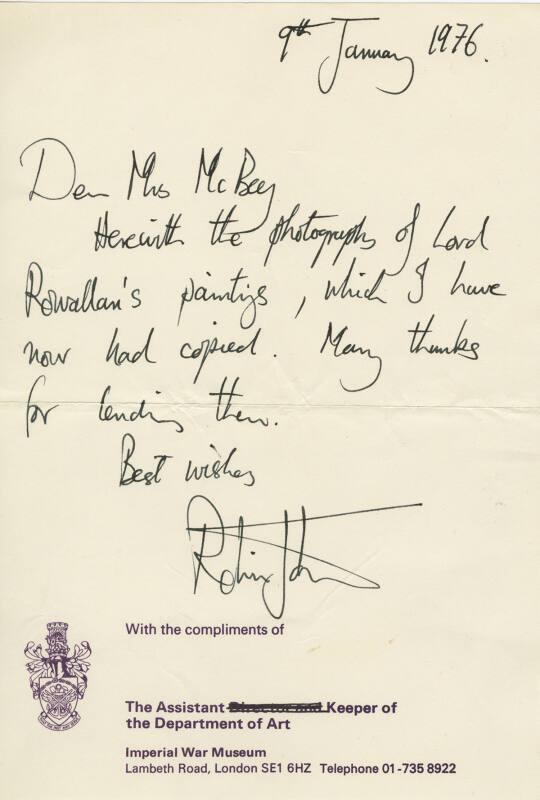 Letter from Robin John to Marguerite McBey (Reproductions of James McBey's Paintings)