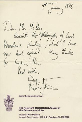 Letter from Robin John to Marguerite McBey (Reproductions of James McBey's Paintings)