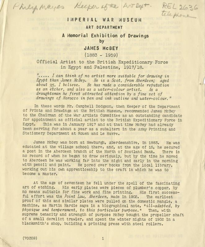 Imperial War Museum: A Memorial Exihbition of Drawings by James McBey (Catalogues and Articles Related to James McBey)