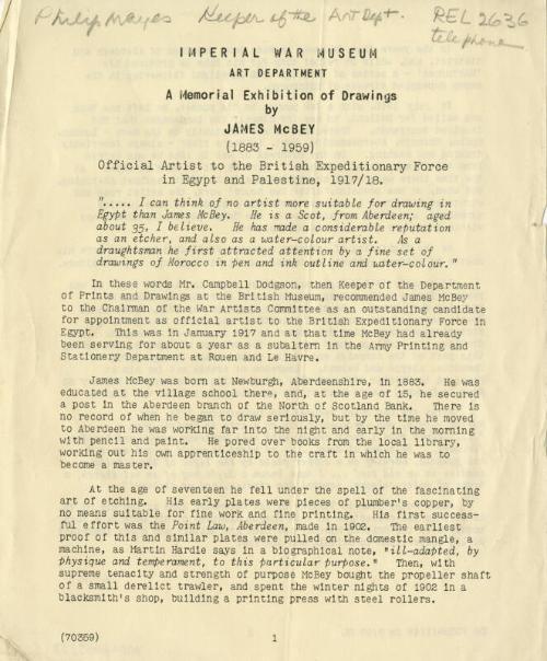 Imperial War Museum: A Memorial Exihbition of Drawings by James McBey (Catalogues and Articles Related to James McBey)