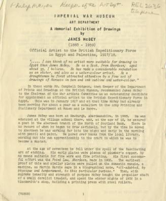 Imperial War Museum: A Memorial Exihbition of Drawings by James McBey (Catalogues and Articles Related to James McBey)