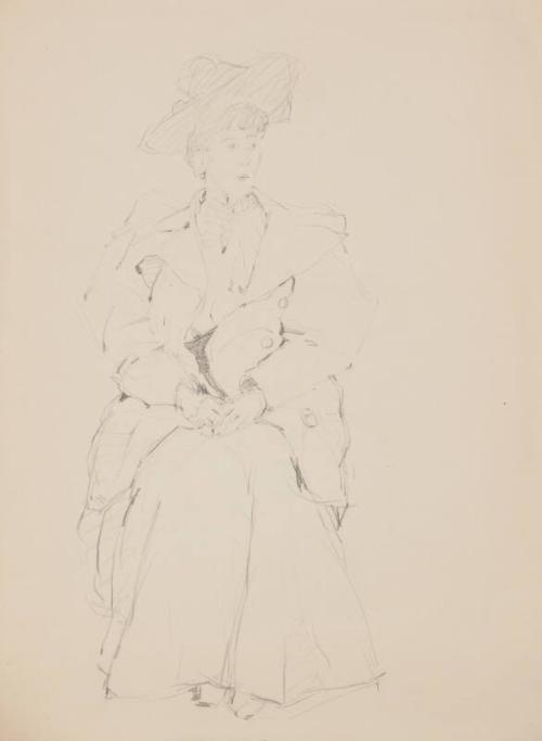 Seated Woman Wearing a Large Hat and Coat with Leg O' Mutton Sleeves