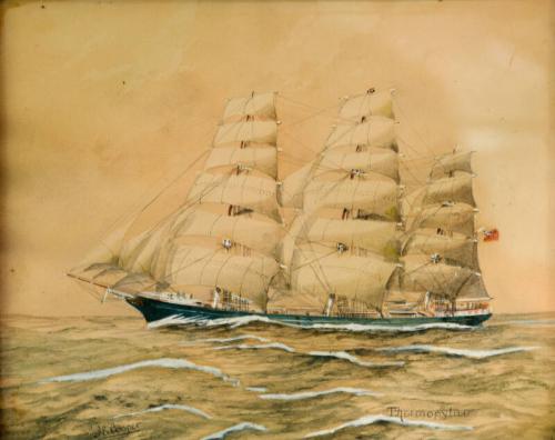 Watercolour of the clipper ship Thermopylae by J E Cooper 1886
