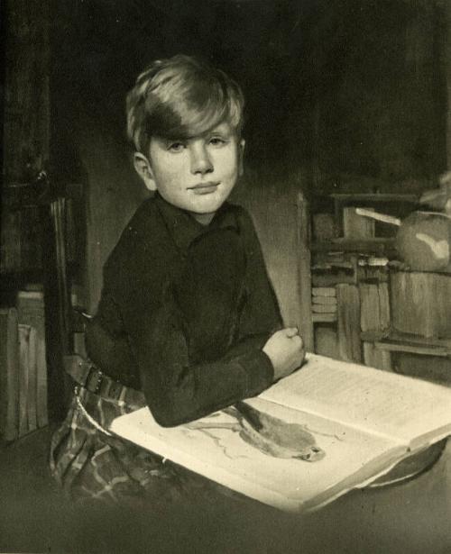 Boy in a Kilt Looking at a Bird of Prey (Reproductions of James McBey's Portraits)