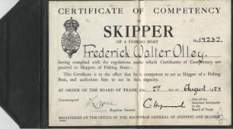 certificate of competency as skipper of a fishing boat for Mr F W Olley