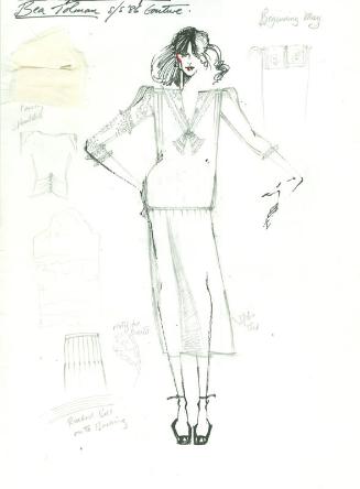 Drawing of Jumper and Skirt with Fabric Swatch for Spring/Summer 1986 Couture Collection Privat…