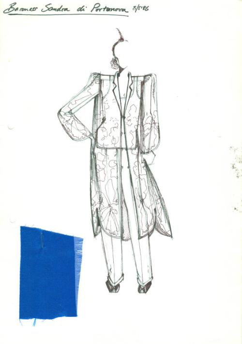 Drawing of Kimono, Top and Trousers with Fabric Swatch for Private Commission for Baroness Sand…