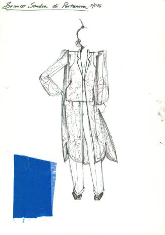 Drawing of Kimono, Top and Trousers with Fabric Swatch for Private Commission for Baroness Sand…