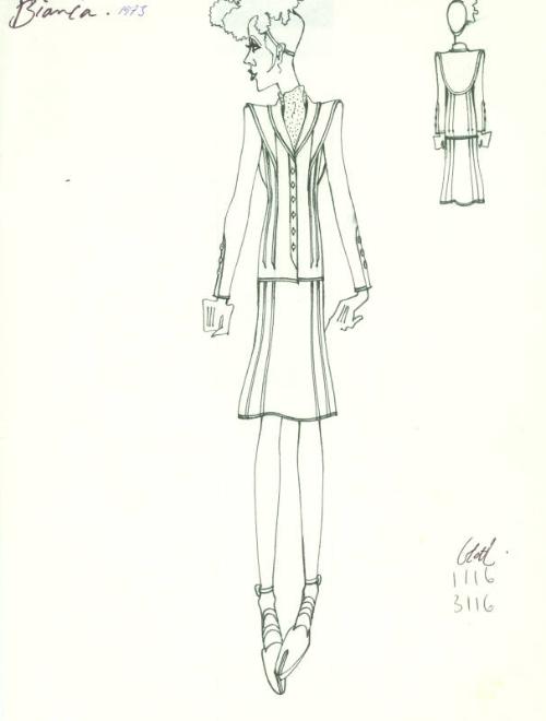 Drawing of Skirt Suit with Scarf  for Private Commission for Bianca Jagger