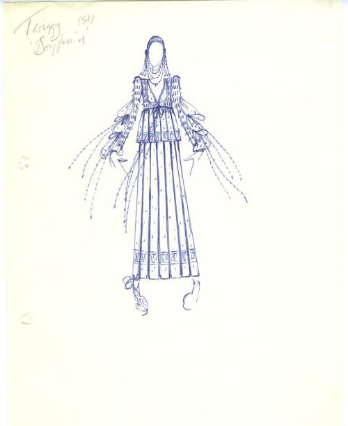 Drawing of Two-Piece Outfit and Headdress for Twiggy for Premiere of 'The Boyfriend'