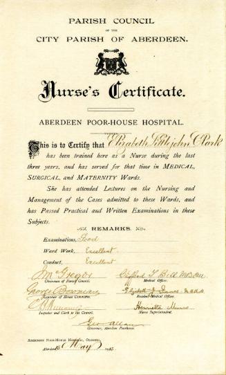 Nurse's Certificate from Aberdeen Poor-House Hospital