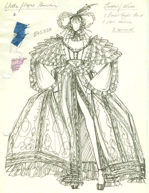 Drawing of Gown with Sleeve Ruffles and Fabric Swatches from Jeddah Collection for Wella/Vogue …