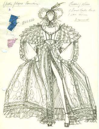 Drawing of Gown with Sleeve Ruffles and Fabric Swatches from Jeddah Collection for Wella/Vogue …