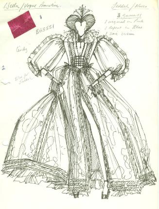 Drawing of Gown with Standing Collar and Fabric Swatch from Jeddah Collection for Wella/Vogue P…