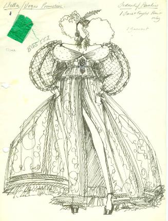 Drawing of Empire Waist Gown with Fabric Swatch from Jeddah Collection for Wella/Vogue Promotio…