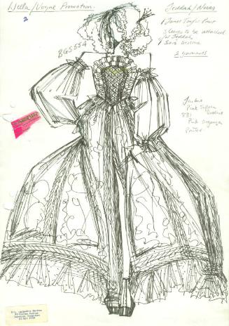 Drawing of Gown with Detached Sleeves and Fabric Swatch from Jeddah Collection for Wella/Vogue …