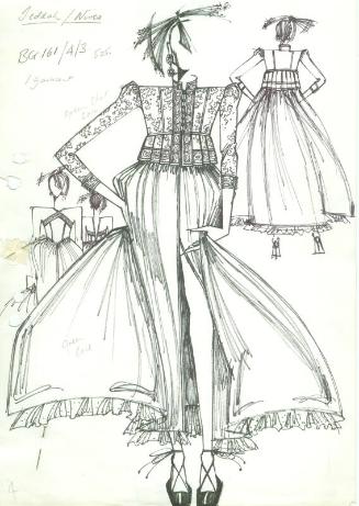 Drawing of Green Gown and Jacket with Fabric Swatch for Jeddah Collection