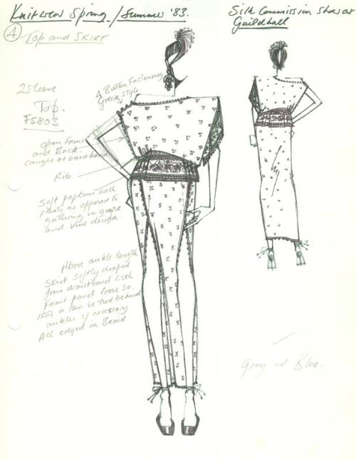 Drawing of Top and Skirt for Spring/Summer 1983 Knitwear Collection and Silk Commission Show at…