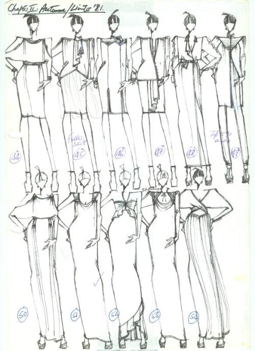 Multidrawing of Tops, Skirts and Dresses for Autumn/Winter 1981 Collection 'Chapter II'