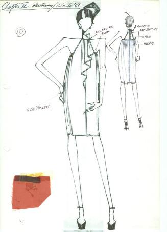 Drawing of Dress for Autumn/Winter 1981 Collection 'Chapter II' with Fabric Swatch