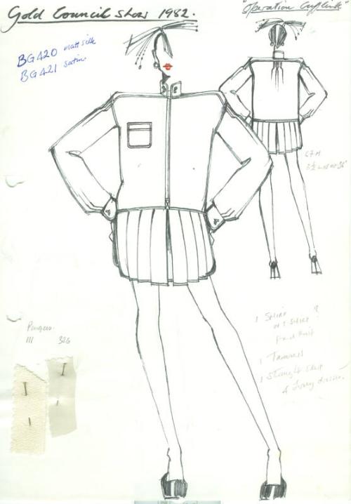 Drawing of Blouse and Skirt with Fabric Swatches for Gold Council Show 'Operation Cufflink'