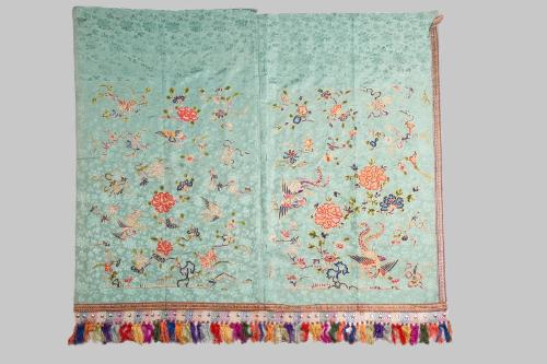 Chinese Green Silk Damask Panel with Embroidery