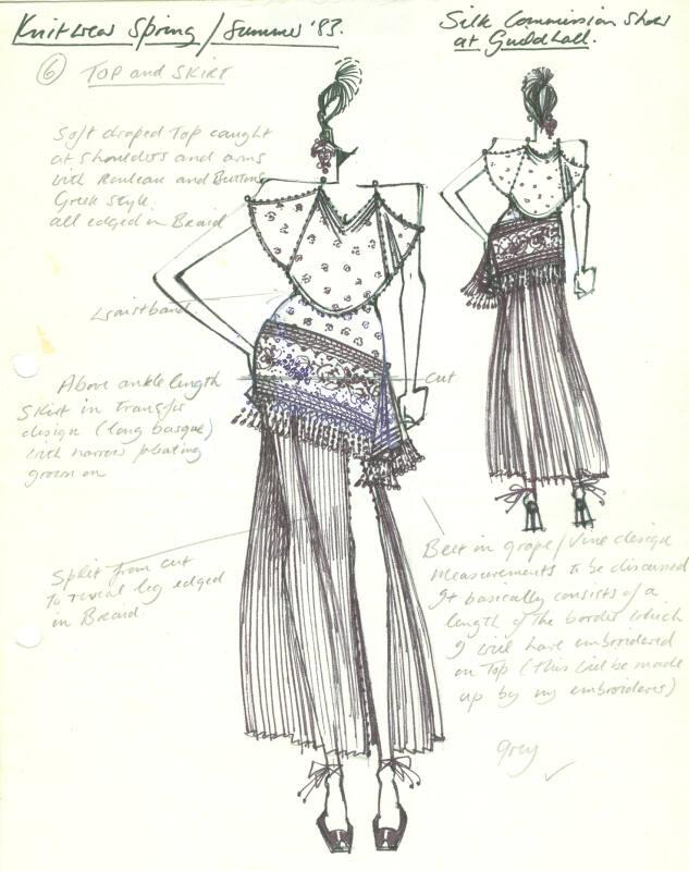 Drawing of Top and Skirt for Spring/Summer 1983 Knitwear Collection and Silk Commission Show at…