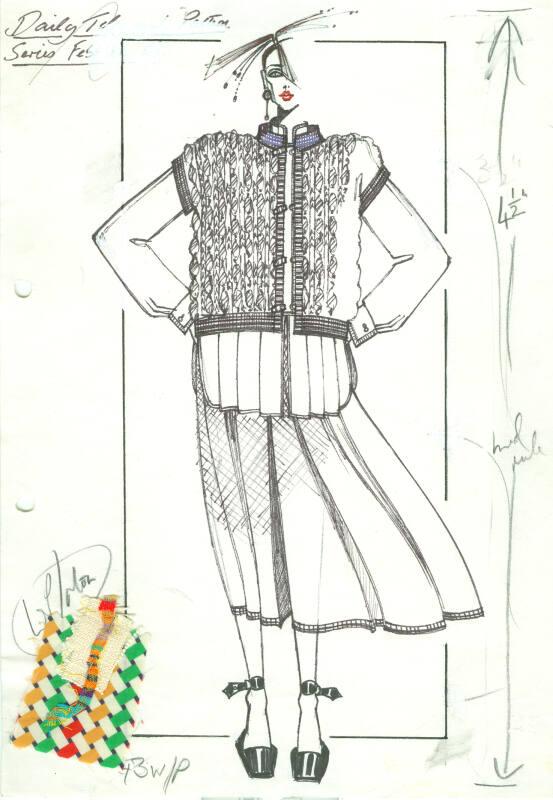 Drawing of Knitted Jacket, Blouse and Skirt with Fabric Swatches for Daily Telegraph Pattern Se…