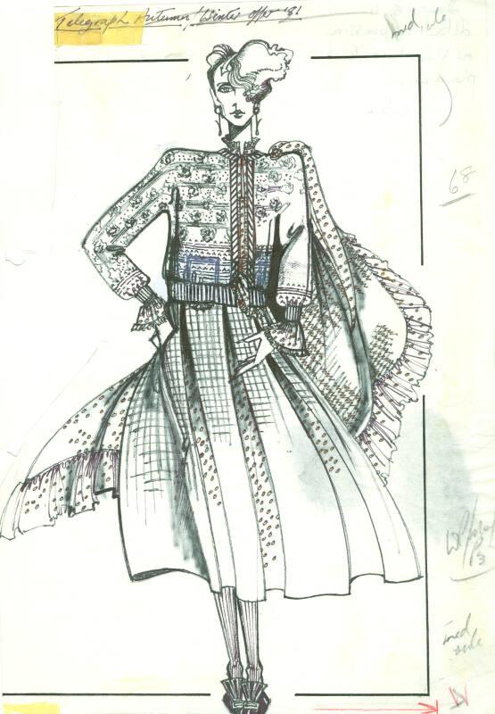 Drawing of Cardigan, Skirt and Shawl for Daily Telegraph Autumn/Winter 1981 Offer