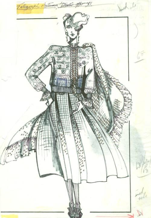 Drawing of Cardigan, Skirt and Shawl for Daily Telegraph Autumn/Winter 1981 Offer