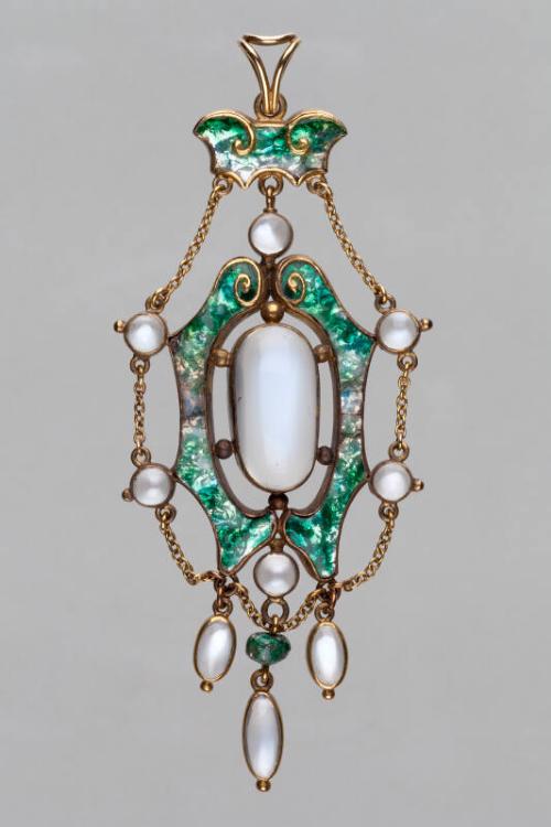 Gold Mounted Enamel And Moonstone Pendant by James Cromar Watt