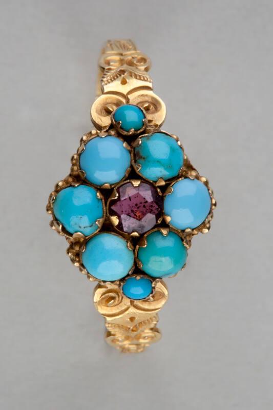 Gold, Turquoise and Garnet Flower Ring