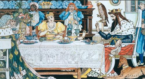 The Frog Shares The Princess' Meal - Illustration For "The Frog Prince by Walter Crane