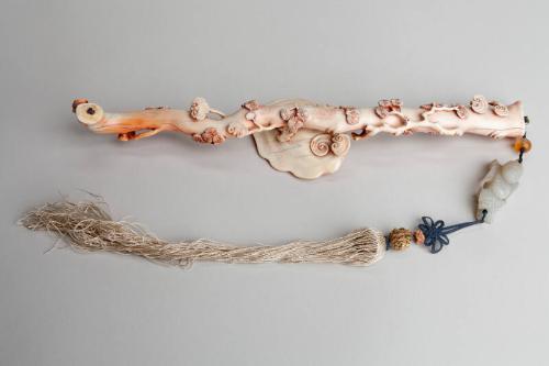 Ivory and Coral Ruyi Sceptre with Jade Suspension and Wooden Stand