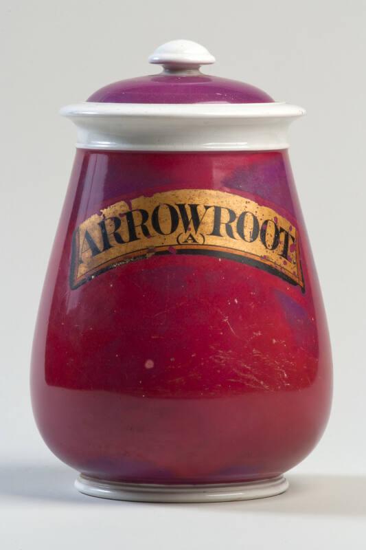 Crimson Glazed Ceramic Drug Jar with Gilt Label ARROWROOT