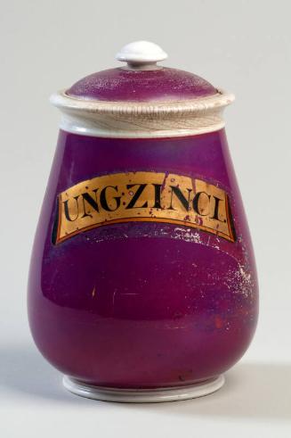 Crimson Glazed Ceramic Drug Jar with Gilt Label UNG ZINCI