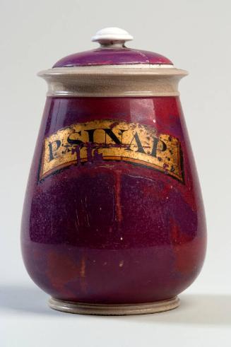 Crimson Glazed Ceramic Drug Jar with Gilt Label P.SINAP