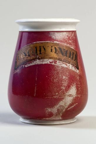 Crimson Glazed Ceramic Drug Jar with Gilt Label UNG:HYD:N:OD