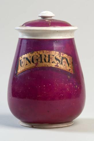 Crimson Glazed Ceramic Drug Jar with Gilt Label UNG:RESIN