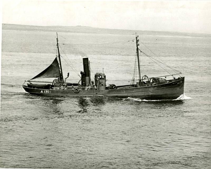 Black and white photograph showing the Starboard side of the Trawler A170 Peggy Nutten