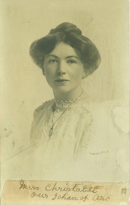 Postcard of Christabel Pankhurst sent from T. C. Matthews to Mrs J. Mackenzie