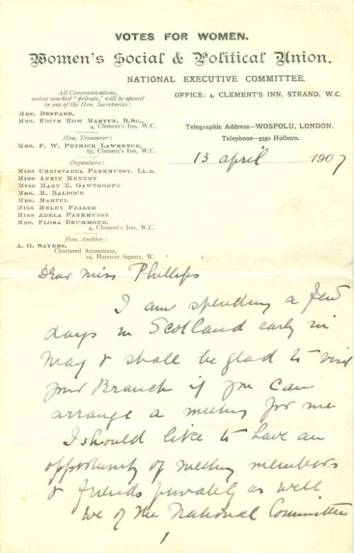 Letter from Emmeline Pankhurst to Caroline Phillips