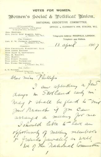 Letter from Emmeline Pankhurst to Caroline Phillips