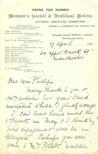 Letter from Emmeline Pankhurst to Caroline Phillips