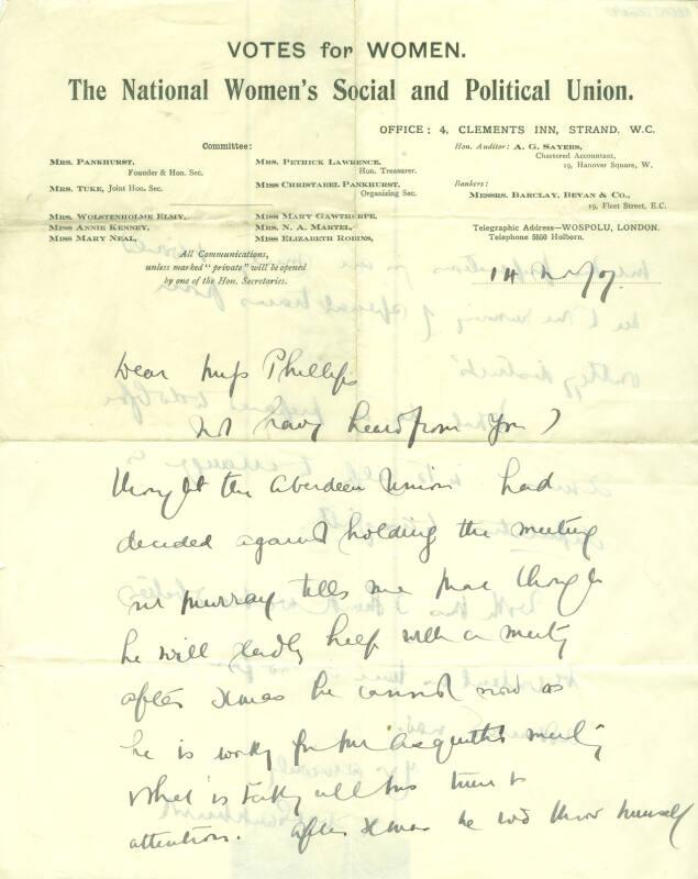 Letter from Christabel Pankhurst to Caroline Phillips