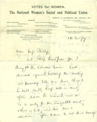 Letter from Christabel Pankhurst to Caroline Phillips
