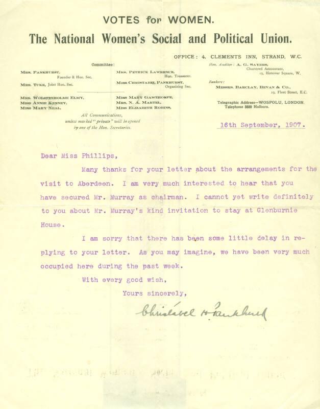 Letter from Christabel Pankhurst to Caroline Phillips