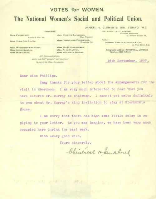 Letter from Christabel Pankhurst to Caroline Phillips