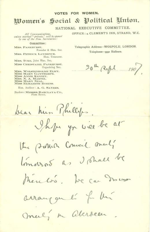 Letter from Christabel Pankhurst to Caroline Phillips