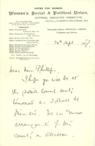 Letter from Christabel Pankhurst to Caroline Phillips
